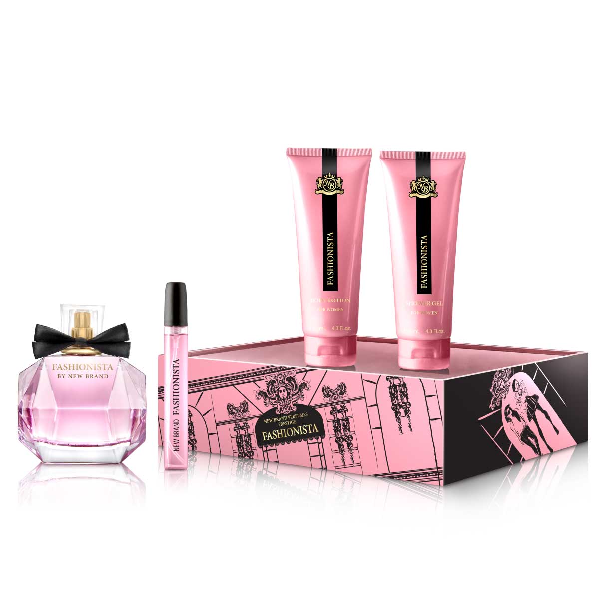 Set Fashionista, New Brand Prestige, Femei, Apa de Parfum - 100ml + Apa de Parfum - 15ml + Gel de Dus - 130ml + Lotiune Corp - 130ml